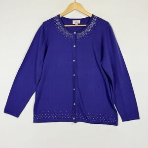 Quacker Factory Womens Large Royal Purple Rhinestone Whimsical Cardigan‎ Sweater